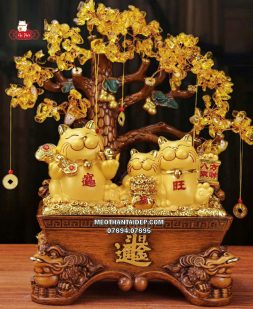 Bộ 3 mèo thần tài vàng ngồi cây kim tiền chậu cóc ngậm tiền