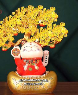 Mèo thần tài đỏ ngồi thỏi vàng cây tiền vàng chiêu tài