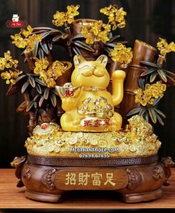 Mèo Thần Tài thỏi vàng ngồi chậu tụ bảo trúc vàng