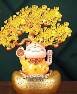 Mèo Thần Tài vàng ngồi thỏi vàng cây kim tiền