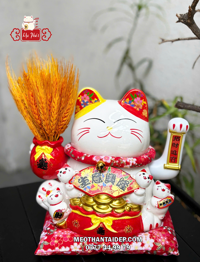 Mèo Thần Tài bông lúa phúc lộc viên mãn
