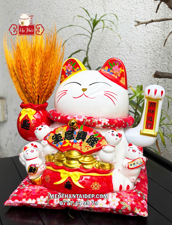 Mèo Thần Tài bông lúa phúc lộc viên mãn