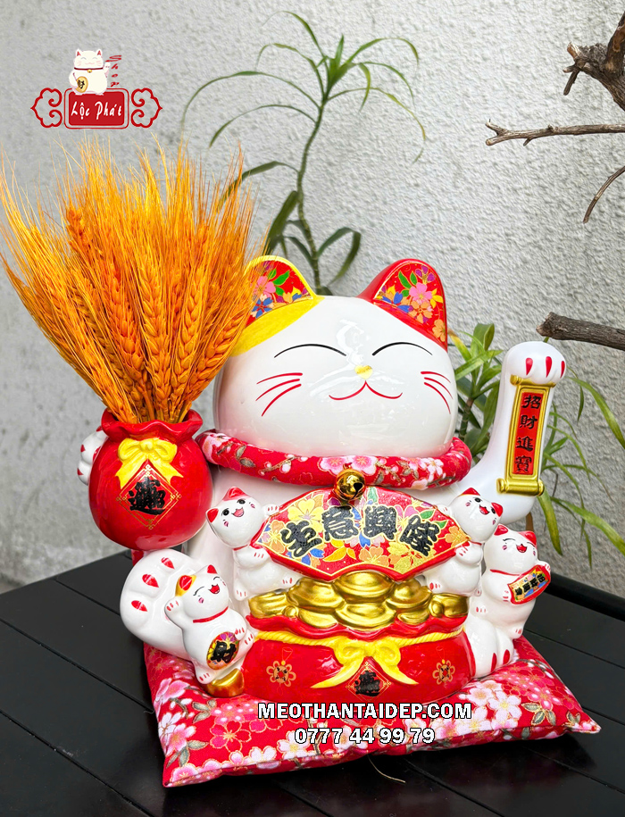 Mèo Thần Tài bông lúa phúc lộc viên mãn
