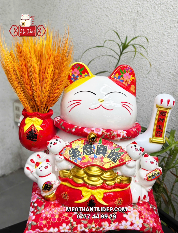 Mèo Thần Tài bông lúa phúc lộc viên mãn