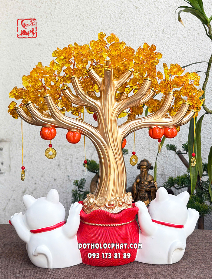 Đôi mèo thần tài trắng cầm liễn câu đối ngồi cây tiền