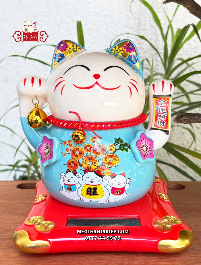 Mèo Thần Tài năng lượng xanh cây tiền chuông vàng
