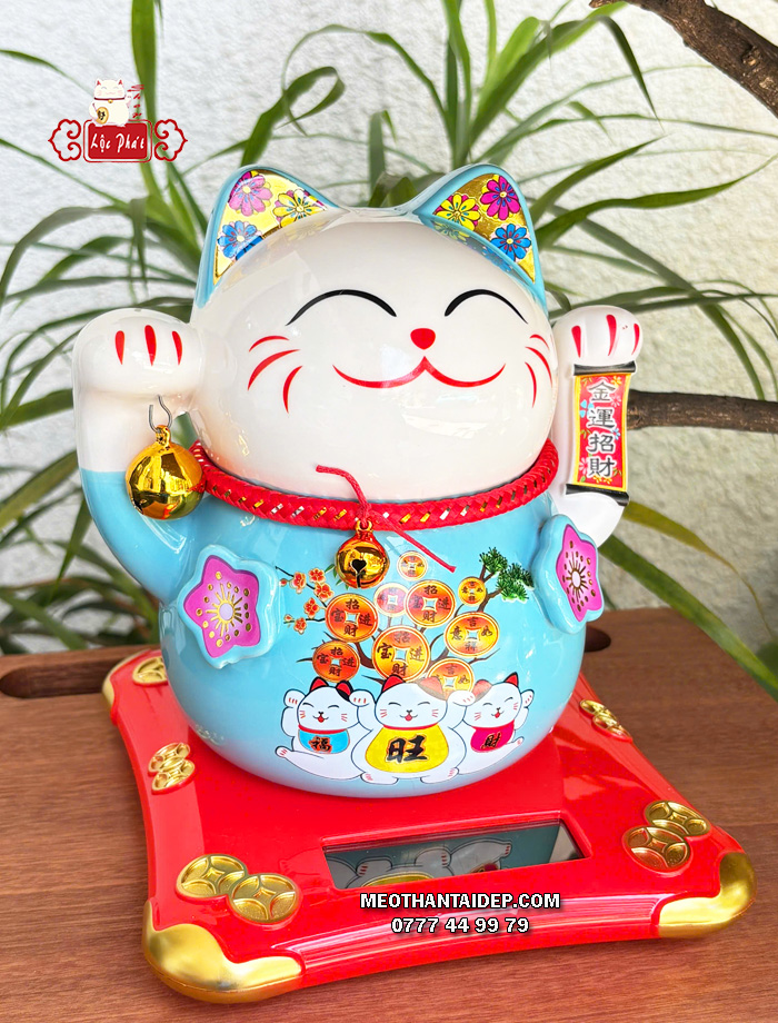 Mèo Thần Tài năng lượng xanh cây tiền chuông vàng