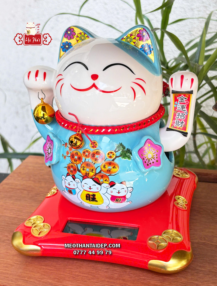 Mèo Thần Tài năng lượng xanh cây tiền chuông vàng